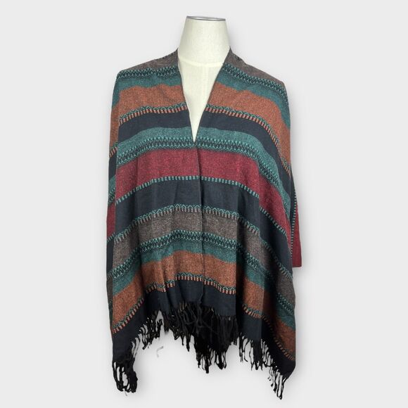 ASOS Womens One Size Red Black Boho Southwestern Poncho Sweater Wool Blend - Picture 1 of 5